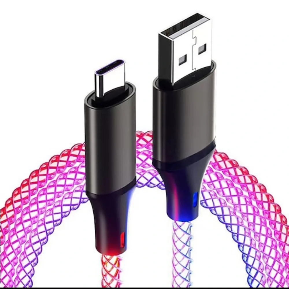 🍭35” Multi Color Light Up Charging Cable USB A - USB C🍭 +Color changing USB plug